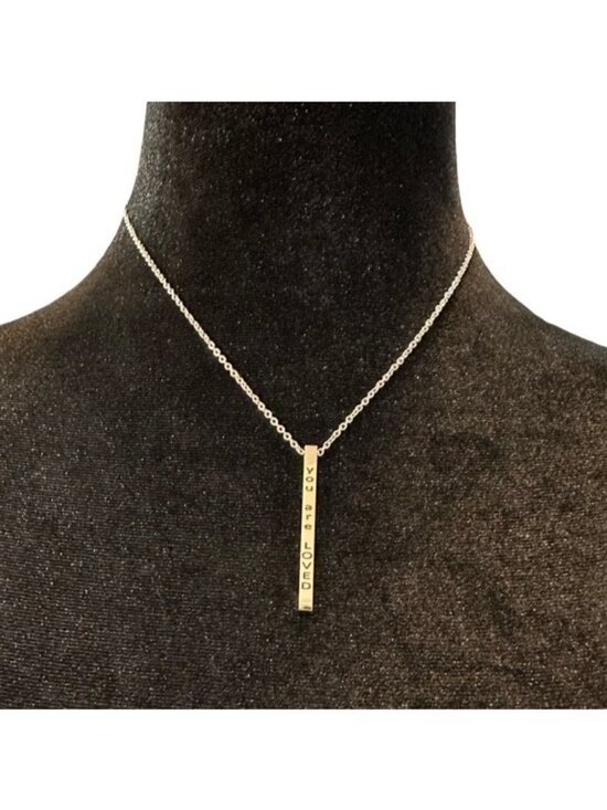None Jewelry - Engraved "You Are Loved" Bar Pendant Necklace Adjustable 17-19 Inches Silver Ton